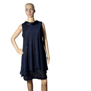 SLNY Dress Womens 12 Navy Sleeveless Layered Lace W/ Satin Collar Back‎ Zip